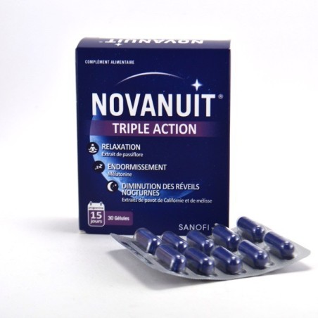 Novanuit Sommeil Triple Action, Relaxation + Endormissement + Réveils Nocturnes, Boite de 30 Gélules