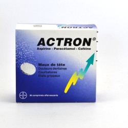 Actron Maux de Tête, Etats Grippaux, Aspirine 267mg/ Paracetamol 133mg / Cafeine 40mg, 30 Comprimés Effervescents