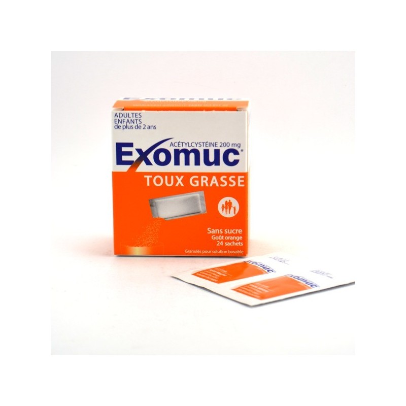Exomuc 200mg Sans Sucre Gout Orange, Toux Grasse, 24 Sachets, A Partir de 2 Ans