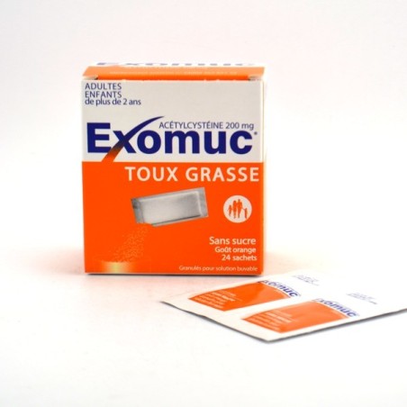 Exomuc 200mg Sans Sucre Gout Orange, Toux Grasse, 24 Sachets, A Partir de 2 Ans