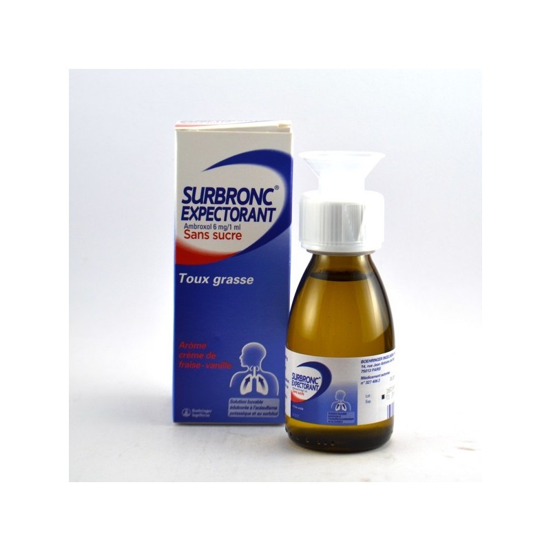 Sirop Toux Grasse, Surbronc Expectorant Ambroxol 6 mg/1 ml, Sans Sucre - Flacon, 100 ml, Arôme Crème de Fraise-Vanille