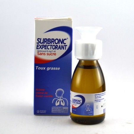 Sirop Toux Grasse, Surbronc Expectorant Ambroxol 6 mg/1 ml, Sans Sucre - Flacon, 100 ml, Arôme Crème de Fraise-Vanille