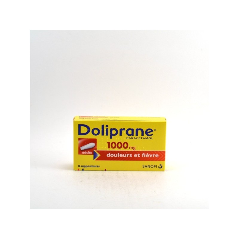 Doliprane Paracetamol 1000mg, Adults, 8 suppositories for pain and fever, Sanofi