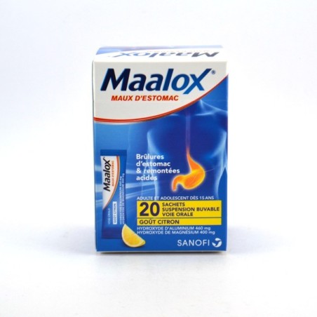 Maalox Maux d'Estomac, Sachet-Dose Goût Citron, Boite de 20 - Brûlres d'estomac et remontées acides