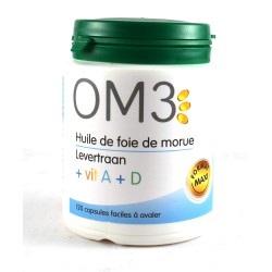 OM3 Huile de Foie de Morue + vit. A + D, 120 capsules faciles à avaler