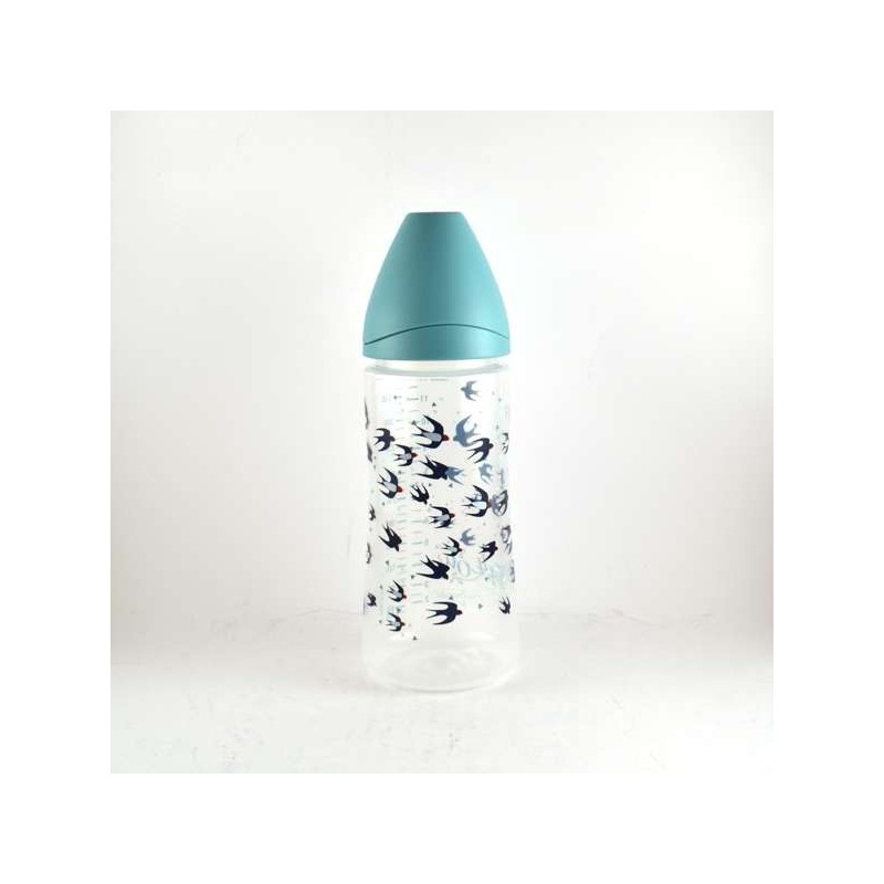 Biberon Oiseaux Bleu, Tétine Ronde, Bouillie, Silicone -  +4 Mois, 360 ml, Suavinex