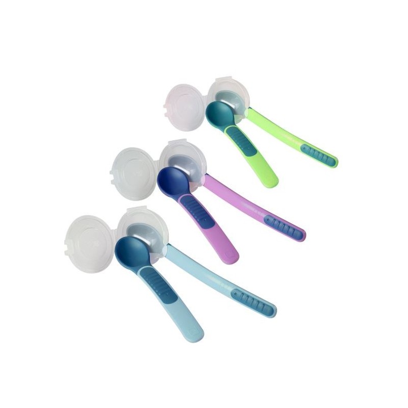 2 Cuillères Thermo-Sensibles + étui MAM pour apprendre à manger seul, Choix de la Couleur