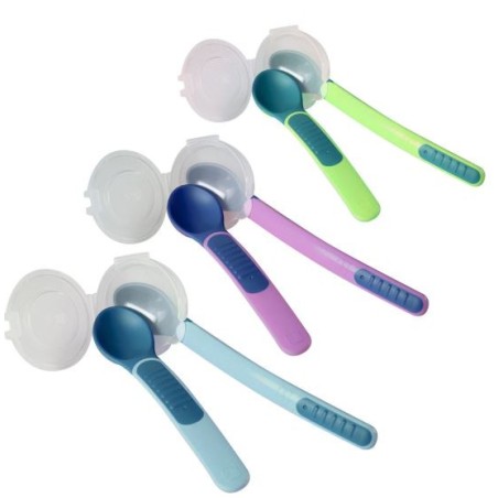 2 MAM Thermo-Sensitive Spoons +  case to learn to eat alone, different colors choices Mam