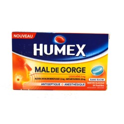 Humex Mal de Gorge, Pastilles Menthe Glaciale Sans Sucre, Antiseptique + Anesthesique - 24 Pastilles Lidocaine 2mg / Alcool Dich