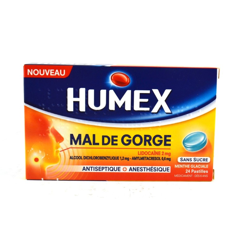 Humex Mal de Gorge, Pastilles Menthe Glaciale Sans Sucre, Antiseptique + Anesthesique - 24 Pastilles Lidocaine 2mg / Alcool Dich