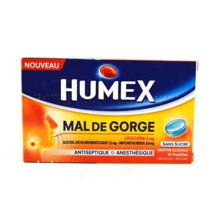 Humex Mal de Gorge, Pastilles Menthe Glaciale Sans Sucre, Antiseptique + Anesthesique - 24 Pastilles Lidocaine 2mg / Alcool Dich