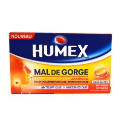 Humex Mal de Gorge, Pastilles Miel Citron Sans Sucre, Antiseptique + Anesthesique - 24 Pastilles Lidocaine 2mg / Alcool Dichloro