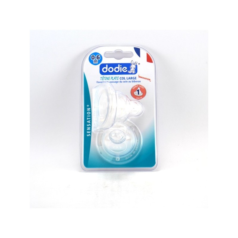 Set of 2 Flat Nipples for Large Neck Bottle - Sensation + Silicone 0-6 Months Slow Flow, Dodie No. 1 Dodie