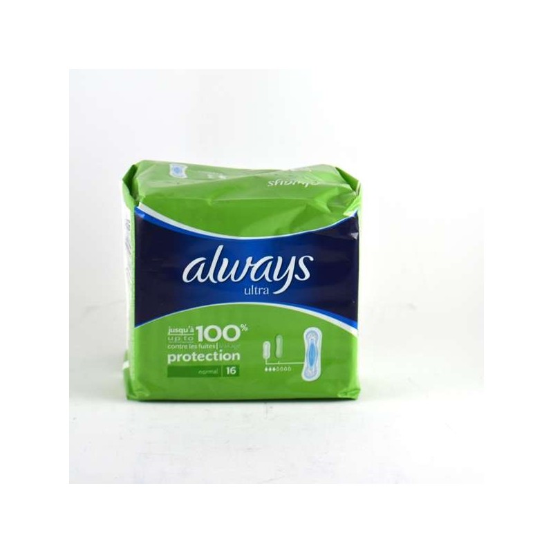 Always Ultra Normal 16 Serviettes Sans Ailettes - Always paquet vert clair, 3 gouttes sur 7