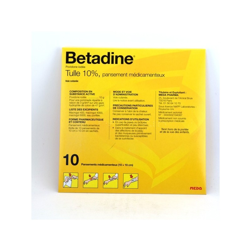  Betadine MEDA 10% Tulle, Box 10 tulles 10x10 Meda