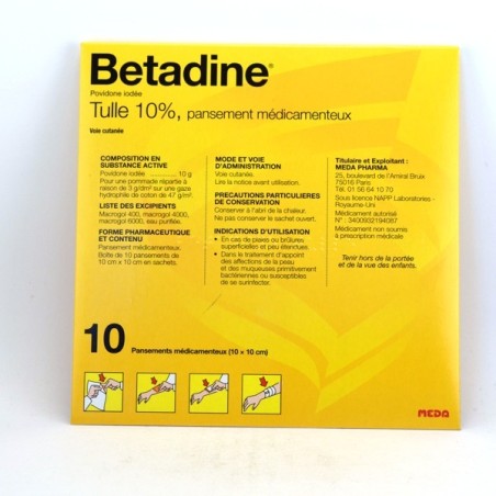  Betadine MEDA 10% Tulle, Box 10 tulles 10x10 Meda