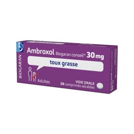 Ambroxol 30mg, Box of 20 tablets for bronchial congestion, Biogaran Conseil Biogaran Conseil