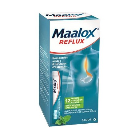 Maalox - Remontées Acides & Brûlures d'Estomac - Menthe Sans Sucre - 12 Sachets Buvables