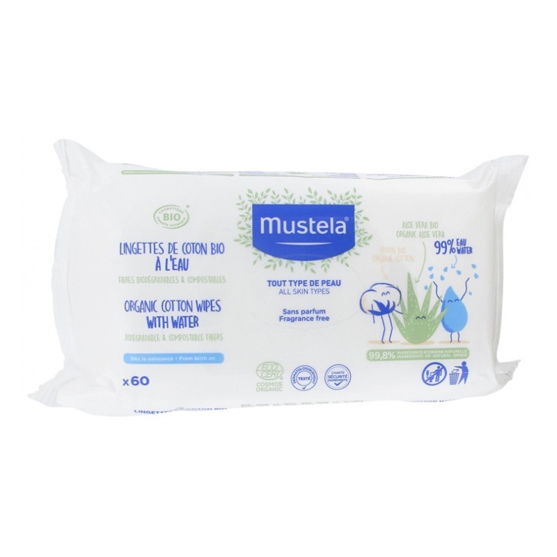 Lingettes de Coton Bio à l'Eau  - Tout Type de Peau - 60 Lingettes