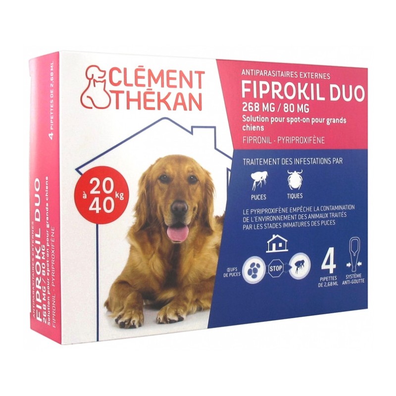 Fiprokil Duo - Antiparasitaires - Chiens de 20 à 40 kg - Clément Thékan - 4 Pipettes