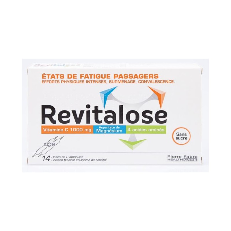 Revitalose vitamine C 1g, Aspartate de Magnésium, 4 acides aminés - 14 doses de 2 Ampoules