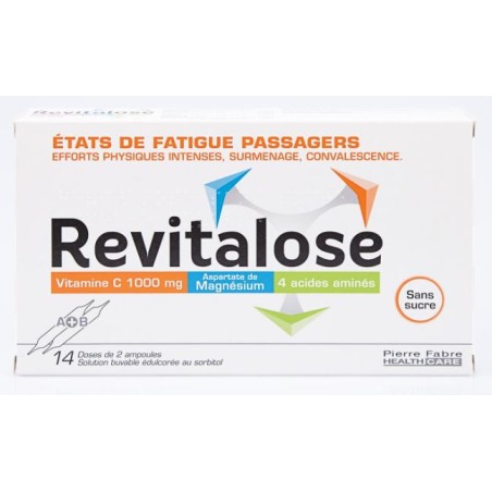 Revitalose vitamine C 1g, Aspartate de Magnésium, 4 acides aminés - 14 doses de 2 Ampoules