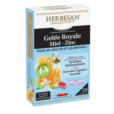 Gelée Royale + Miel + Zinc, Pour Enfants et Adultes, 20 Ampoules Buvables Immunité, Herbesan Gout Pomme Grenade