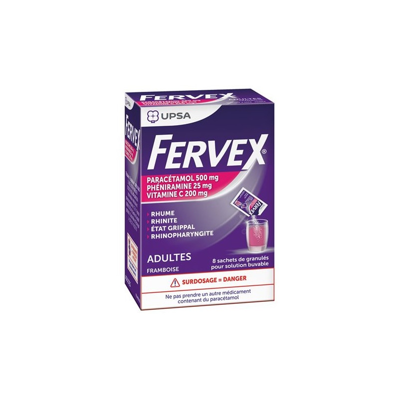 Fervex Adulte Goût Framboise, 8 Sachets, Paracetamol/Vitamine C/Pheniramine, 0.5g/0.2g/0.025g, UPSA