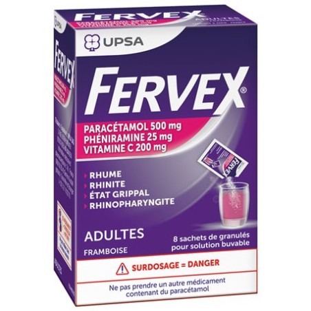  Fervex Adult – Paracetamol, Vitamin C and Pheniramine (Raspberry Flavour) – Pack of 8 Sachets Upsa