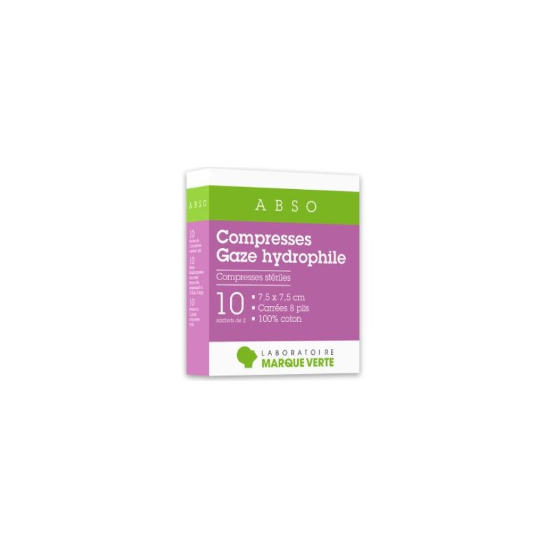 Compresses Gaze Hydrophile - 7,5 x 7,5 cm - 10 sachets de 2 - Marque Verte