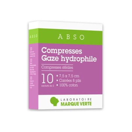 Hydrophilic Gauze Compresses - 7.5 x 7.5 cm - 10 sachets of 2 - Green Mark
