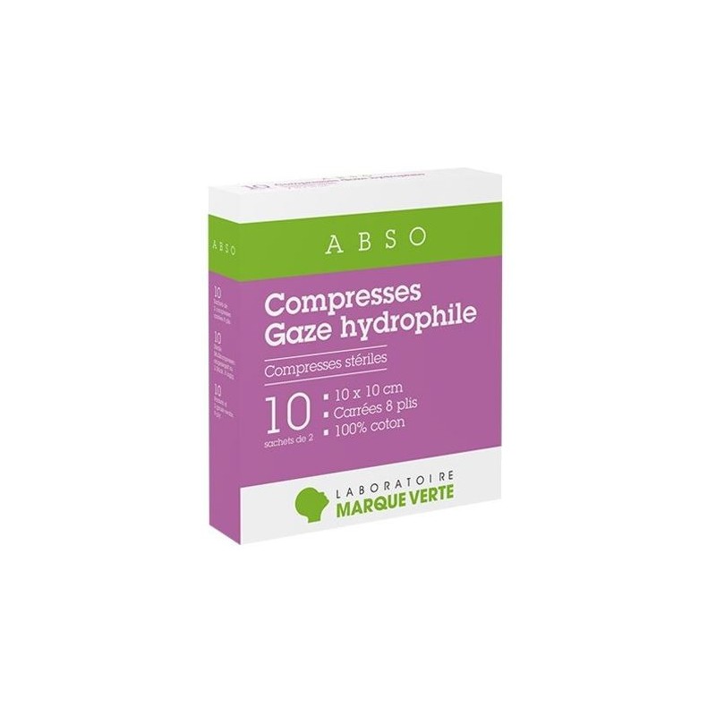 Hydrophilic gauze compresses - 10x10 cm - 10 sachets of 2 - Green Mark