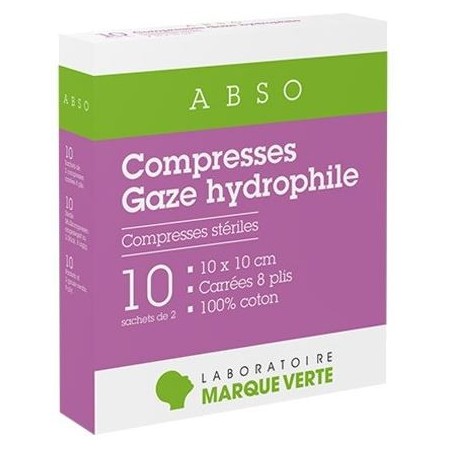 Hydrophilic gauze compresses - 10x10 cm - 10 sachets of 2 - Green Mark