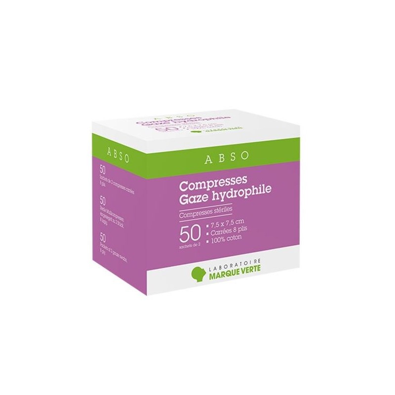 Hydrophilic gauze compresses - 7.5 x 7.5 cm - 50 sachets of 2 - Green Mark