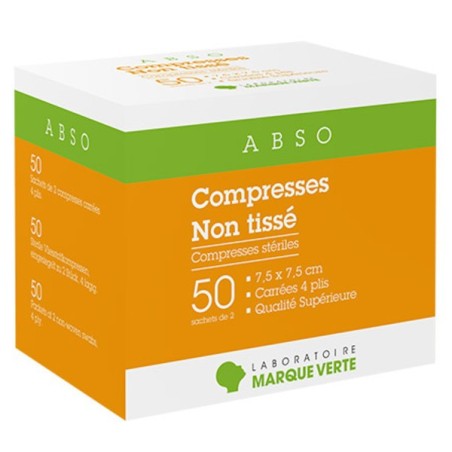 Compresses Non tissé - 7,5 x 7,5 cm - 50 sachets de 2 - Marque Verte