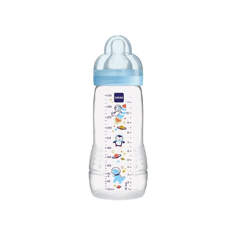 Biberon Mam 2° Age espace bleu 330ml, Tétine Débit X