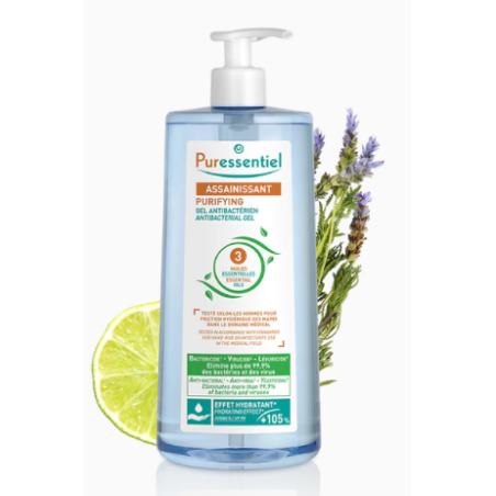  Antibacterial Sanitizing Gel Pump Bottle - PURESSENTIEL with 3 essential oils - 975 ml Puressentiel