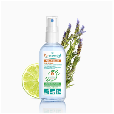 PURESSENTIEL Antibacterial Lotion Spray with 3 essential oils for Hands and Surfaces 80 ml