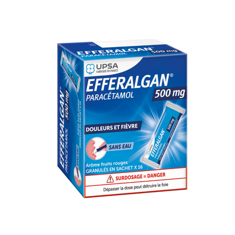 Efferalgan 500mg - 16 Sachets Granules Red Fruit Flavor - Paracetamol 500mg, Pain and Fever Upsa