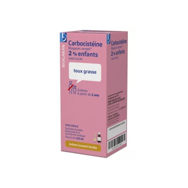 Carbocistéine 2% Toux Grasse, Sirop Enfants, Sans Sucre Arôme Caramel Vanille - Biogaran, Flacon 125 ml
