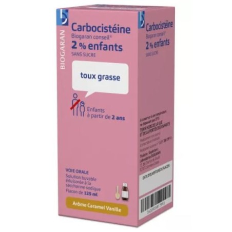 Carbocisteine 2% Loose Cough, Childrens Syrup, Sugar-free, Vanilla Caramel Flavour - Biogaran 125ml Biogaran