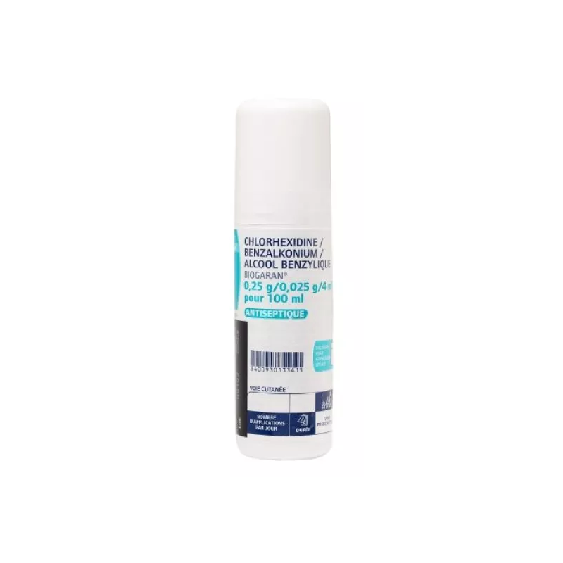 Chlorhexidine/Benzalkonium/Benzyl Alcohol Biogaran 0,25 g / 0,025 g / 4 ml - Antiseptic Solution - Biogaran - 100 ml