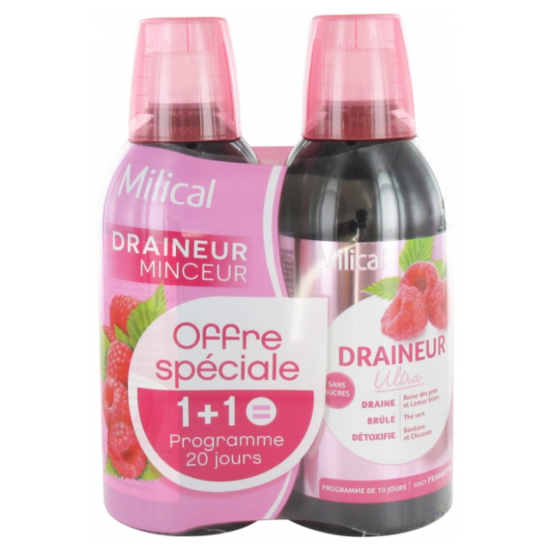 Milical Draineur - Détoxifiant & Draineur - Ultra Goût Framboise -2 X 500ml