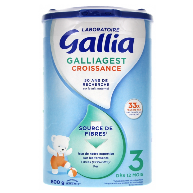 Lait Galliagest Croissance - Sources de Fibres - 3eme Age - Dès 12 Mois - Gallia - 800 G