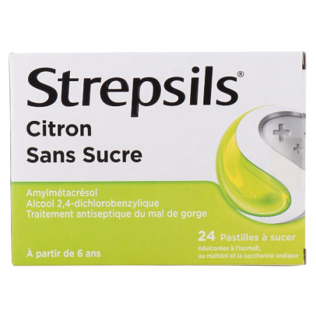 Pastilles Mal De Gorge - Sans Sucre Citron - Strepsils - 24 Pastilles A Sucer