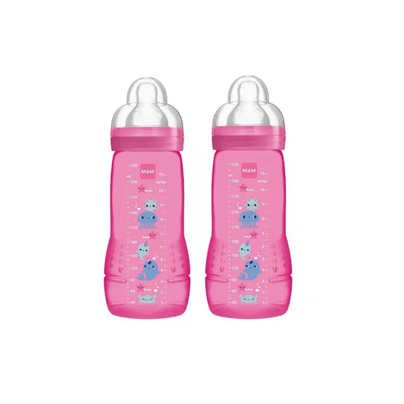 Box of 2 MAM baby bottles - pink little bird - +6 months - 330ml Mam