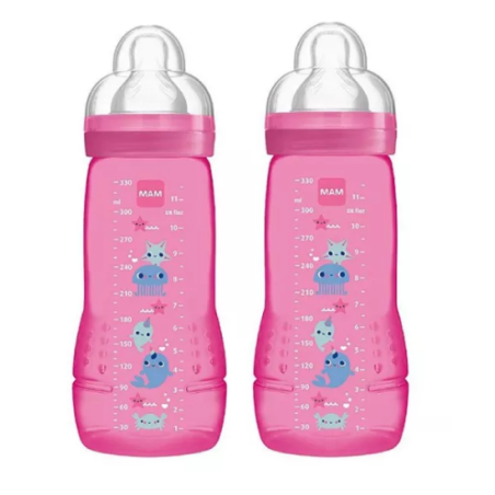 Box of 2 MAM baby bottles - pink little bird - +6 months - 330ml Mam