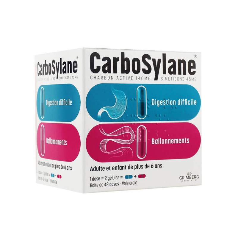 Carbosylane for bloating & flatulences, 48 doses of 2 capsules, Charcoal 140mg/Simeticone 45mg Carbosylane
