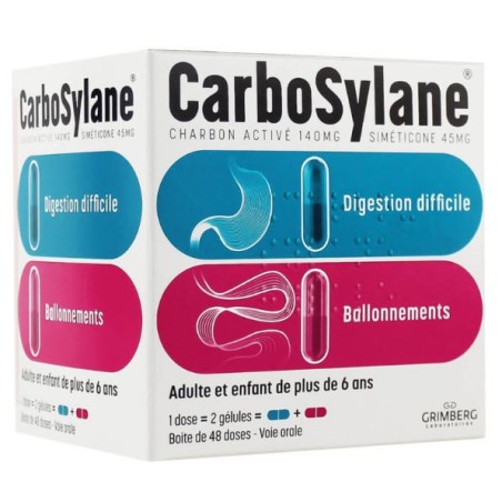 Carbosylane for bloating & flatulences, 48 doses of 2 capsules, Charcoal 140mg/Simeticone 45mg Carbosylane