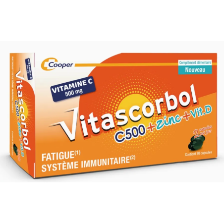 Vitascorbol C500, Zinc, Vitamine D - Fatigue & Système Immunitaire - 30 Capsules